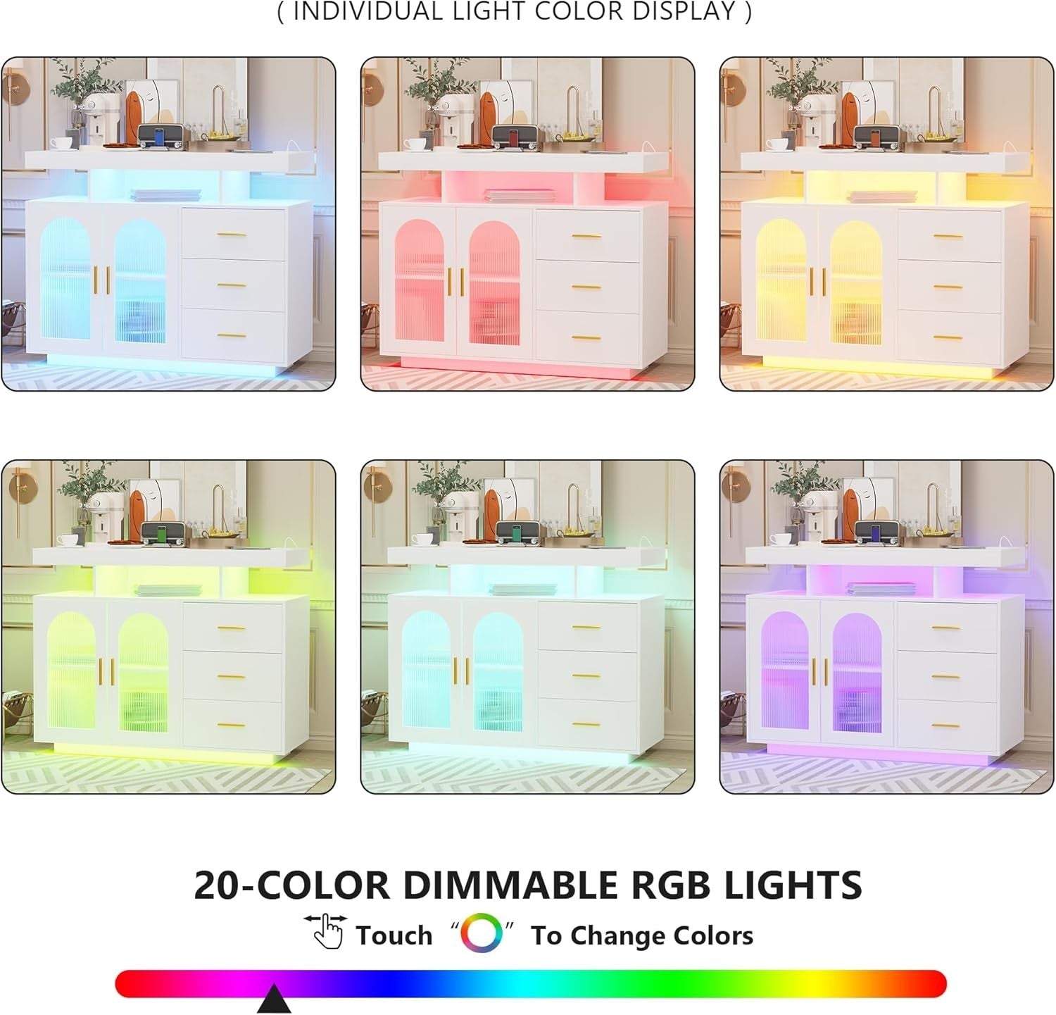 White LED Sideboard Buffet with Wireless Charging, RGB Lighting & USB Ports