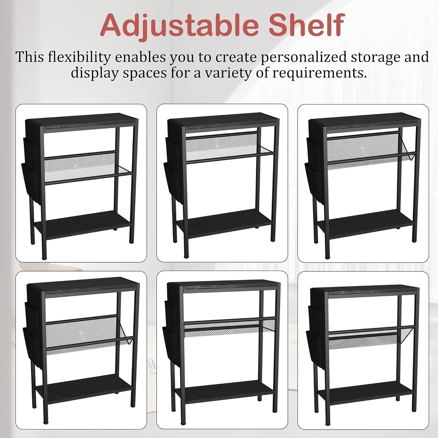 Slim 3-Tier Side Table with Storage Bag – Narrow Black Bedside Sofa Table