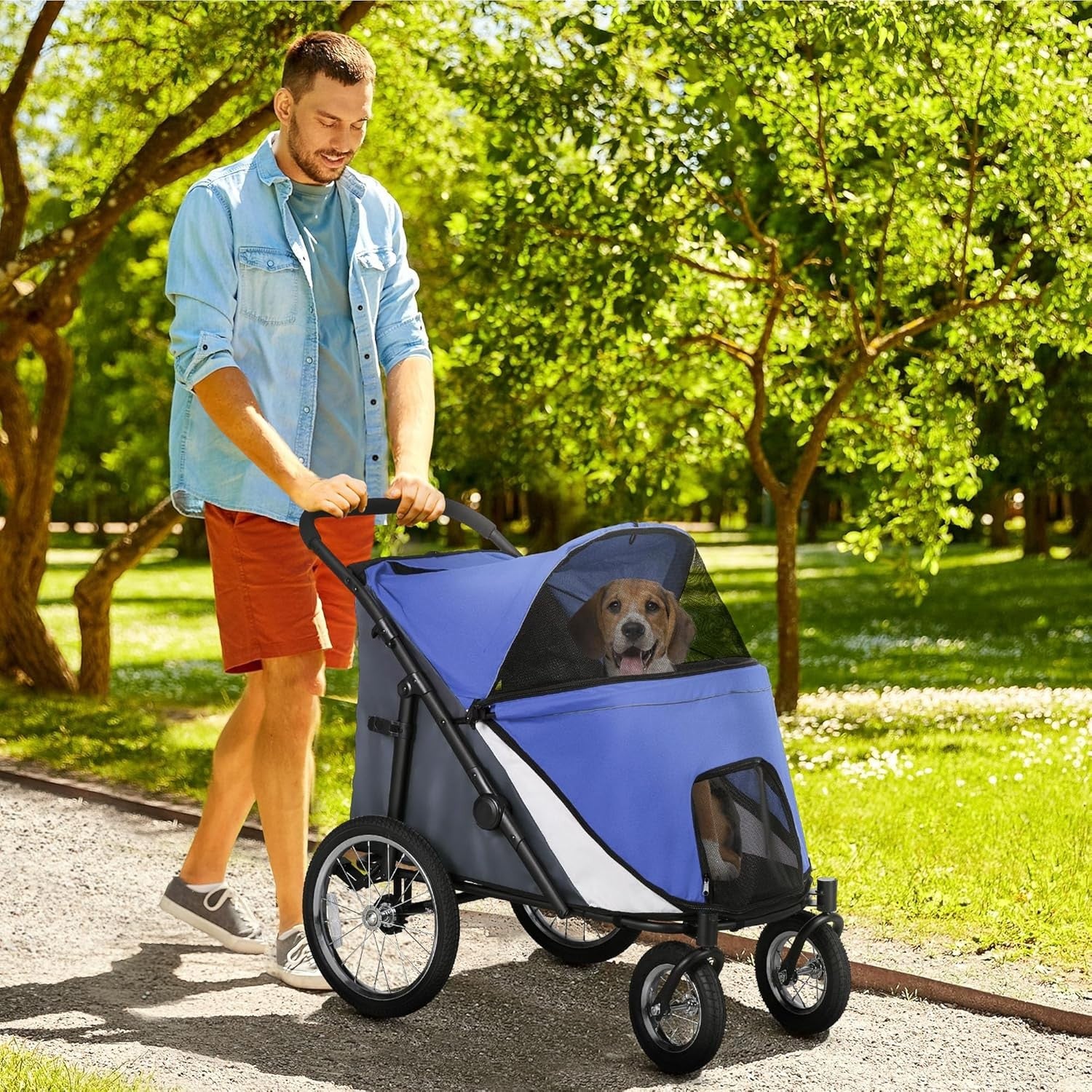 Blue Large Dog Stroller Jogger Foldable Pushchair with Cushion All Terrain
