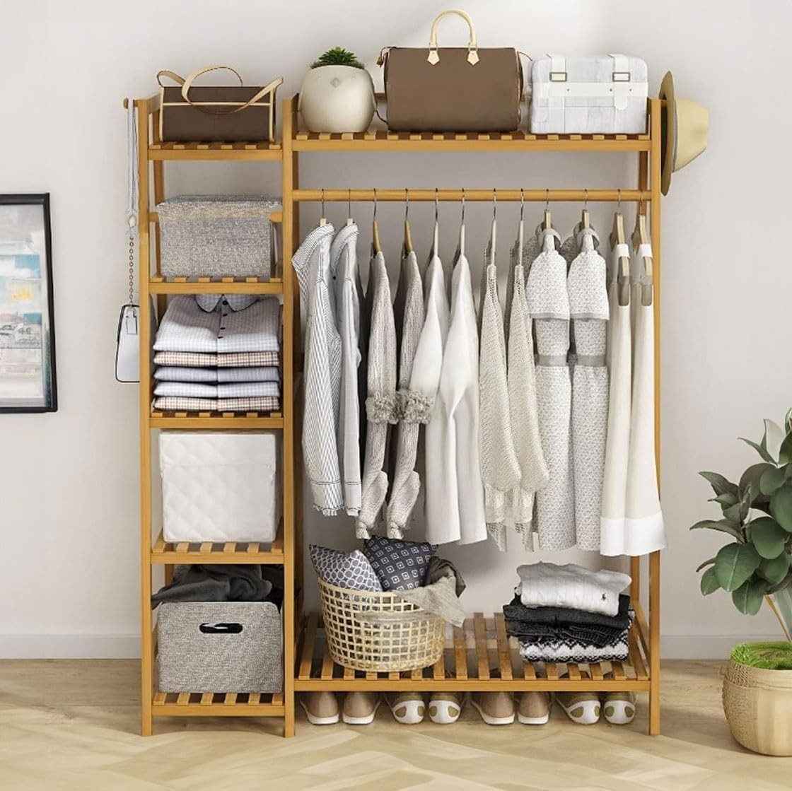 Natural Bamboo Clothes Rack with Shelves & Side Hooks – Wood