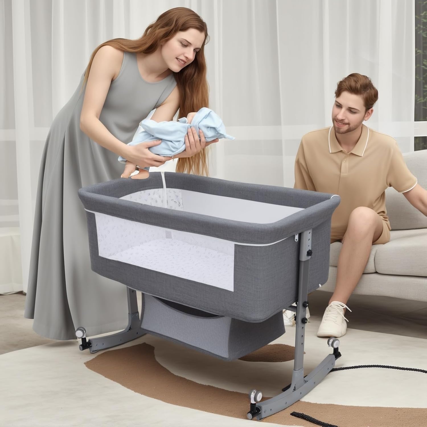 Rocking Bedside Crib with Mosquito Net Wheels Adjustable Height & Storage 1 Set