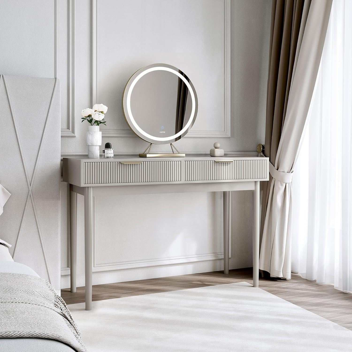 Modern Dressing Table Vanity w/2 Drawers & Mirror Mocha Gold Wood Bedroom