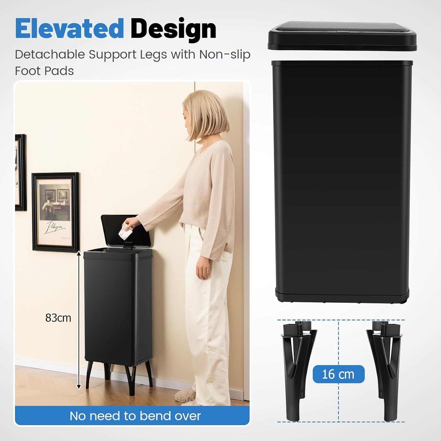 50 L Touchless Kitchen Bin  Automatic Sensor Trash Can Black Steel