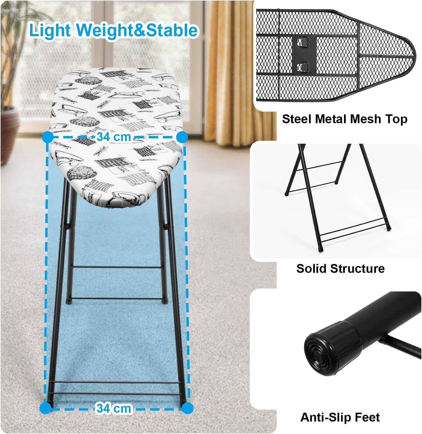 Compact Ironing Board Foldable Heat Resistant Cover Easy Storage