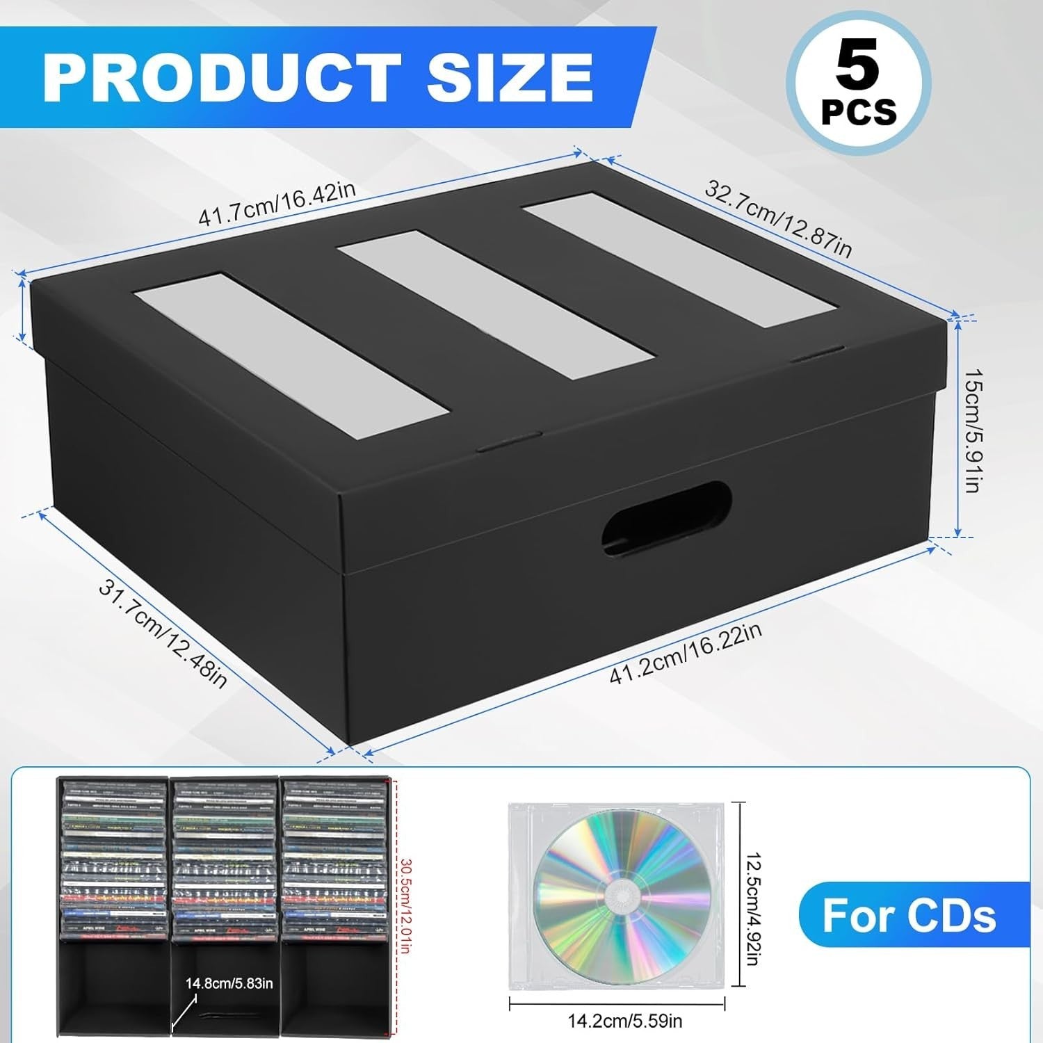 5 Pack CD Storage Boxes Cardboard Organizer Holds 450 CDs Stackable Lid