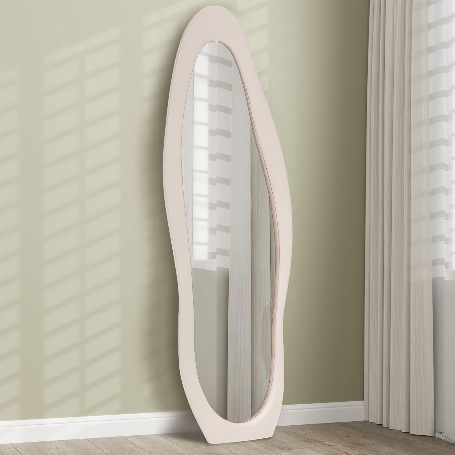 Irregular Wavy Full-Length Floor Mirror 160x50cm Velvet Frame Pink