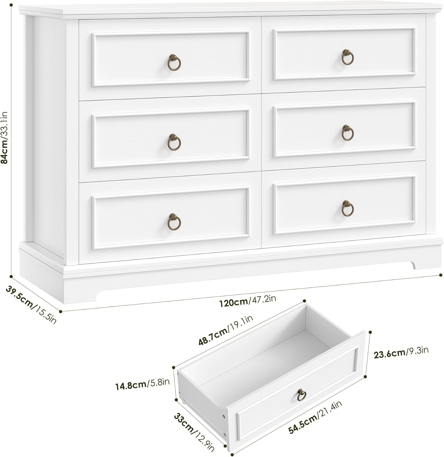 White Chest of Drawers 6 Drawer Modern Sideboard Storage Cabinet 120cm