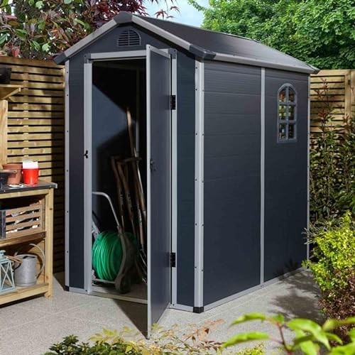 4x6ft Outdoor Plastic Apex Shed Lockable Weatherproof Dark Grey