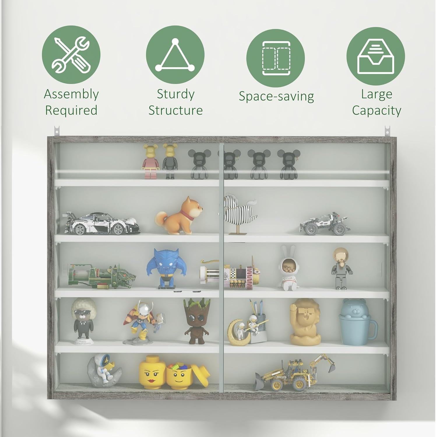 5-Tier Grey Wood Display Cabinet | Wall-Mounted Glass Sliding Door Shelf 60×80cm