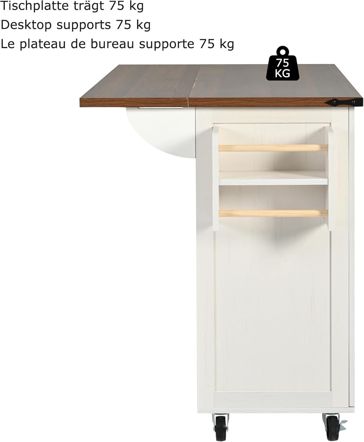 White Kitchen Island Cart with Extendable Walnut Top, Drawers & Sliding Cabinets