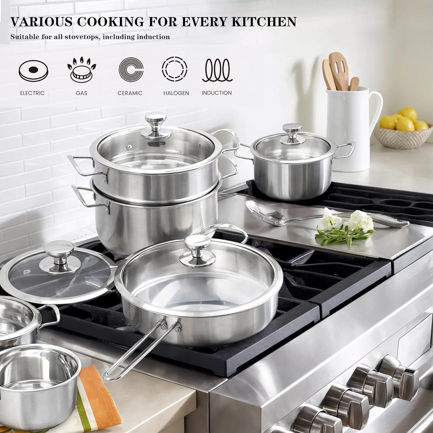 11pcs 3-ply Stainless Steel Cookware Set Induction Safe Pots & Pans with Lids