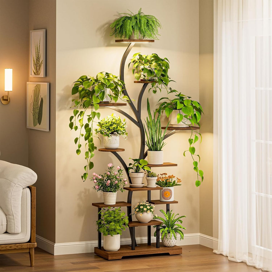 11 Tier LED Plant Stand Indoor | Corner Metal Wood Flower Shelf Display Rack