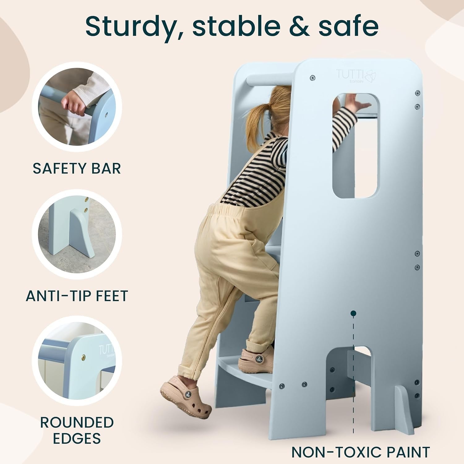 Adjustable Toddler Learning Tower Stool with Anti-Tip Safety & Easy Assembly