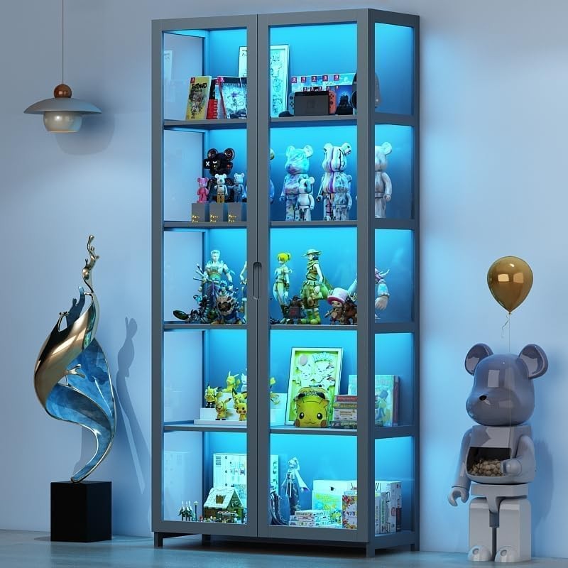 5 Tier LED Display Cabinet with Acrylic Flip Doors | Tall Bamboo Curio Shelf for