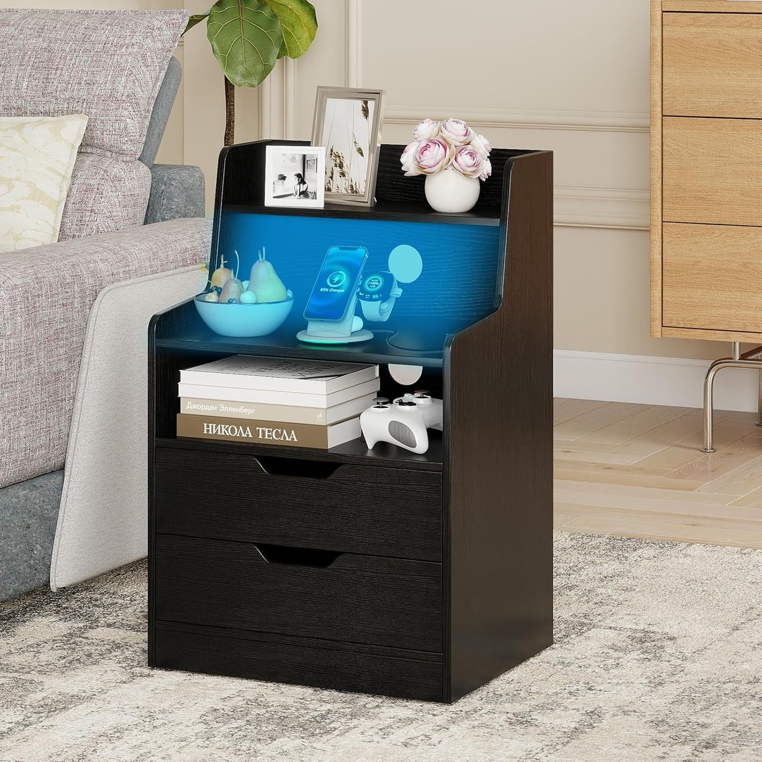 LED Bedside Table with Charging Station, RGB Light, 2 Drawers & Storage Shelves
