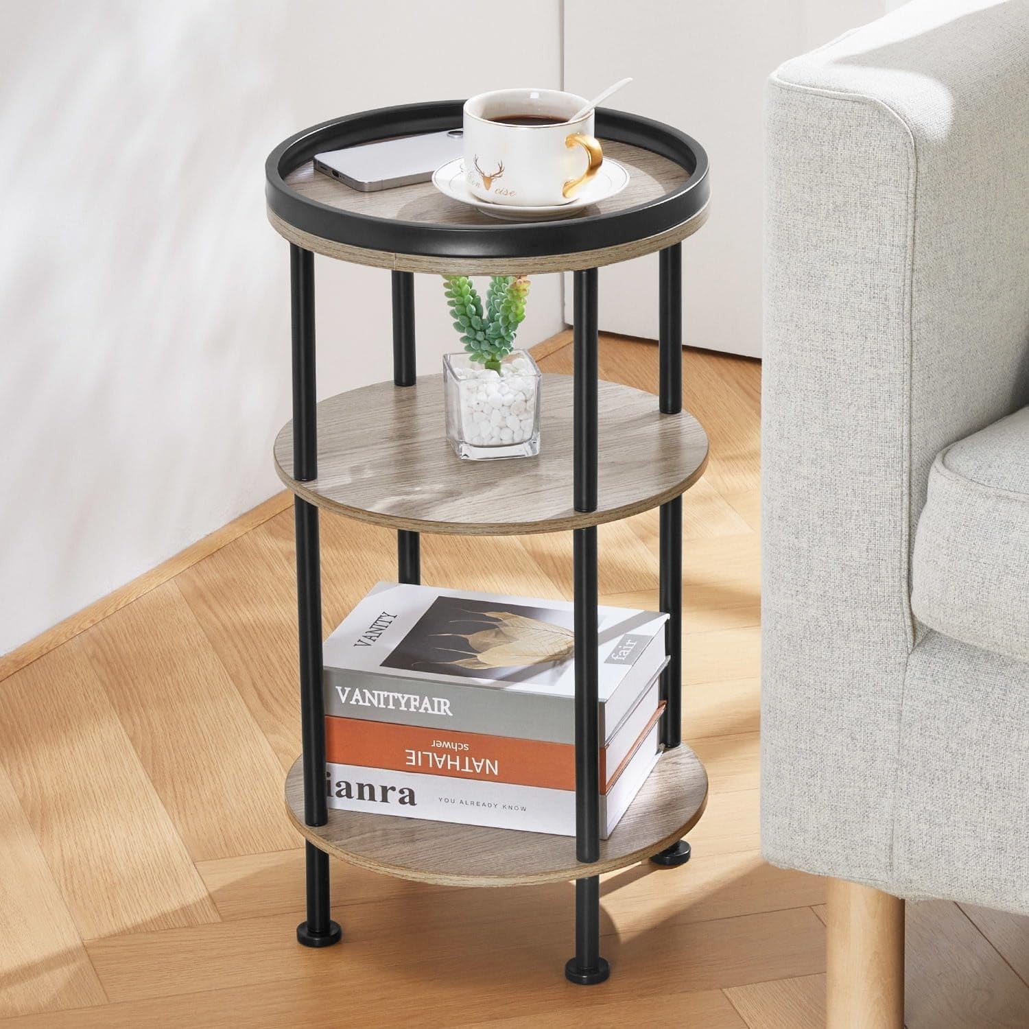 3 Tier Round Side Table with Storage Shelf Metal Frame Small Space Oak 30x55