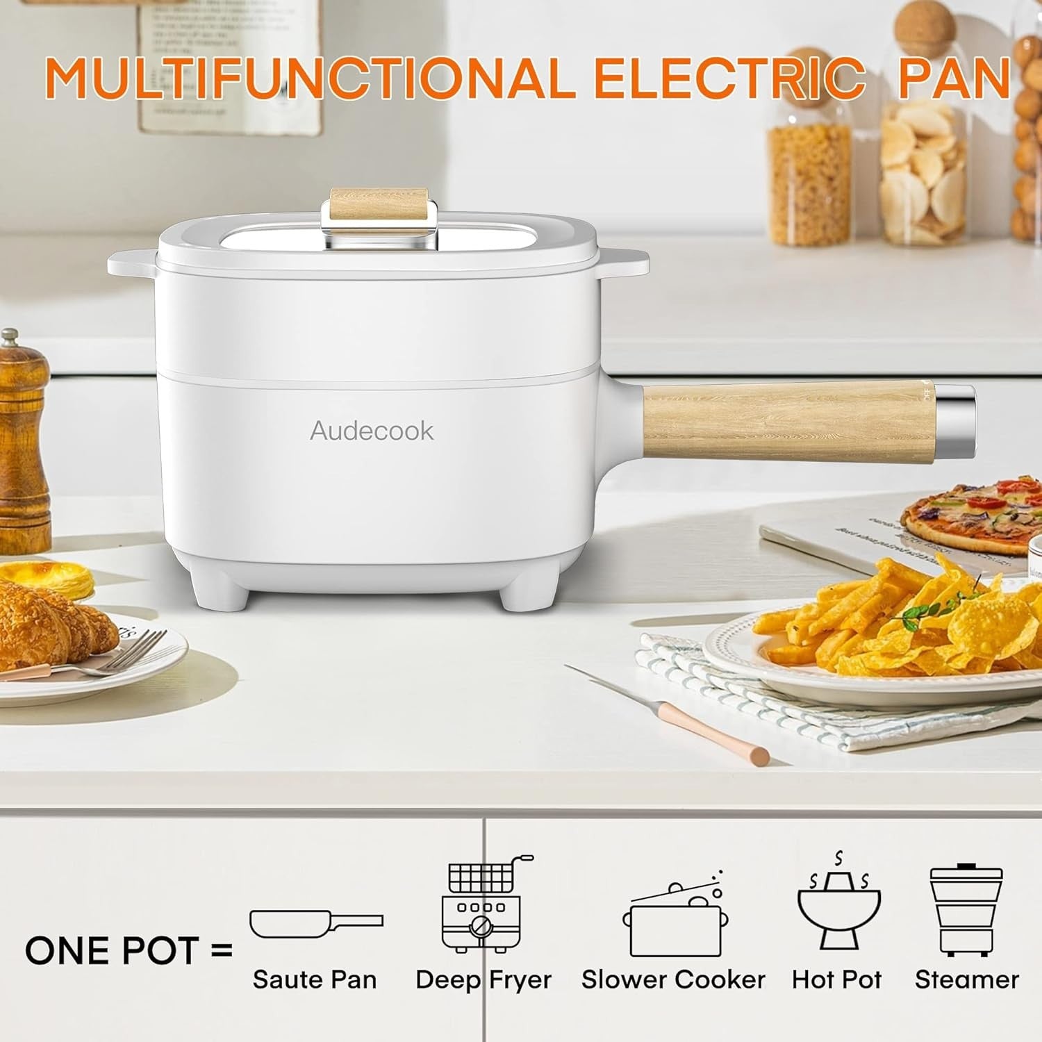 Electric Hot Pot 2L Ceramic Non-Stick Multi-Cooker with Steamer & Spatula