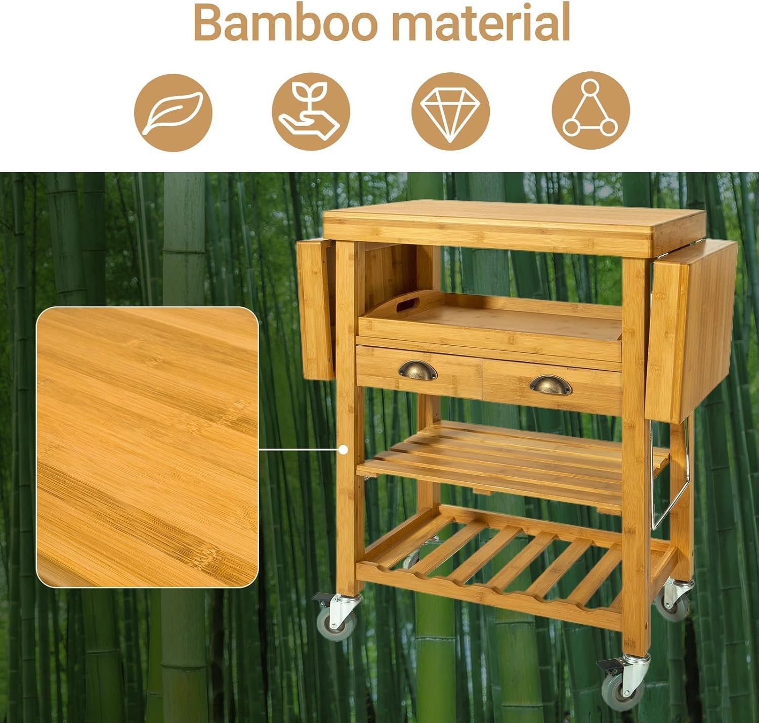 Extendable Bamboo Kitchen Trolley Cart on Wheels Folding Sides Storage Drawers