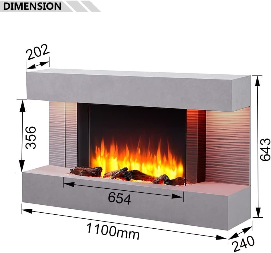 Wall Mounted Electric Fireplace 60" Cement Grey | 3 Flame Colors & 13 Moods