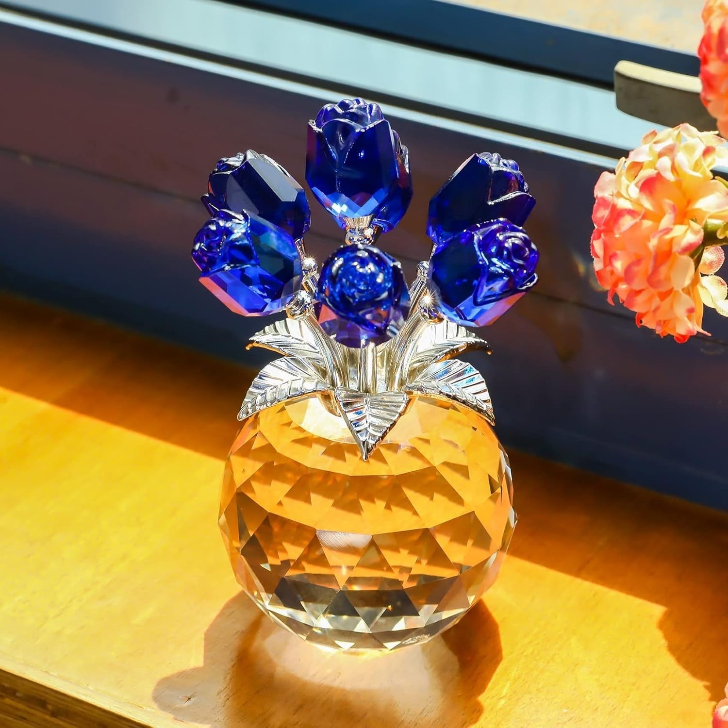 Blue Crystal Rose Bouquet Ornament Gift for Women Mum Birthday Anniversary