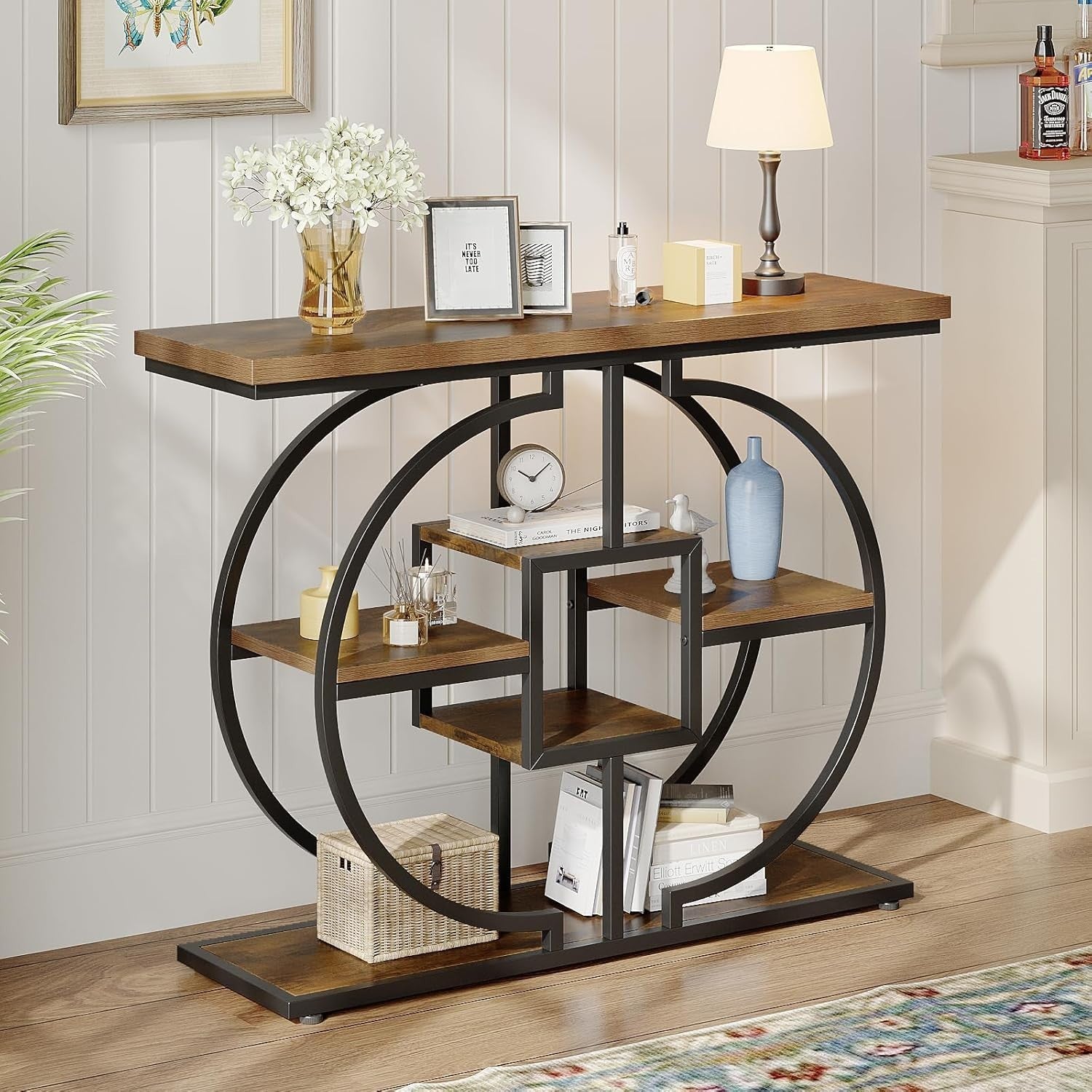 Rustic Industrial Console Table with 4-Tier Storage Shelves, 30D x 105W x 80H cm
