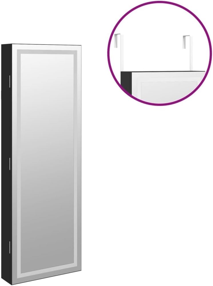 LED Wall Mounted Jewelry Cabinet Frameless Mirror Lockable Slim Black
