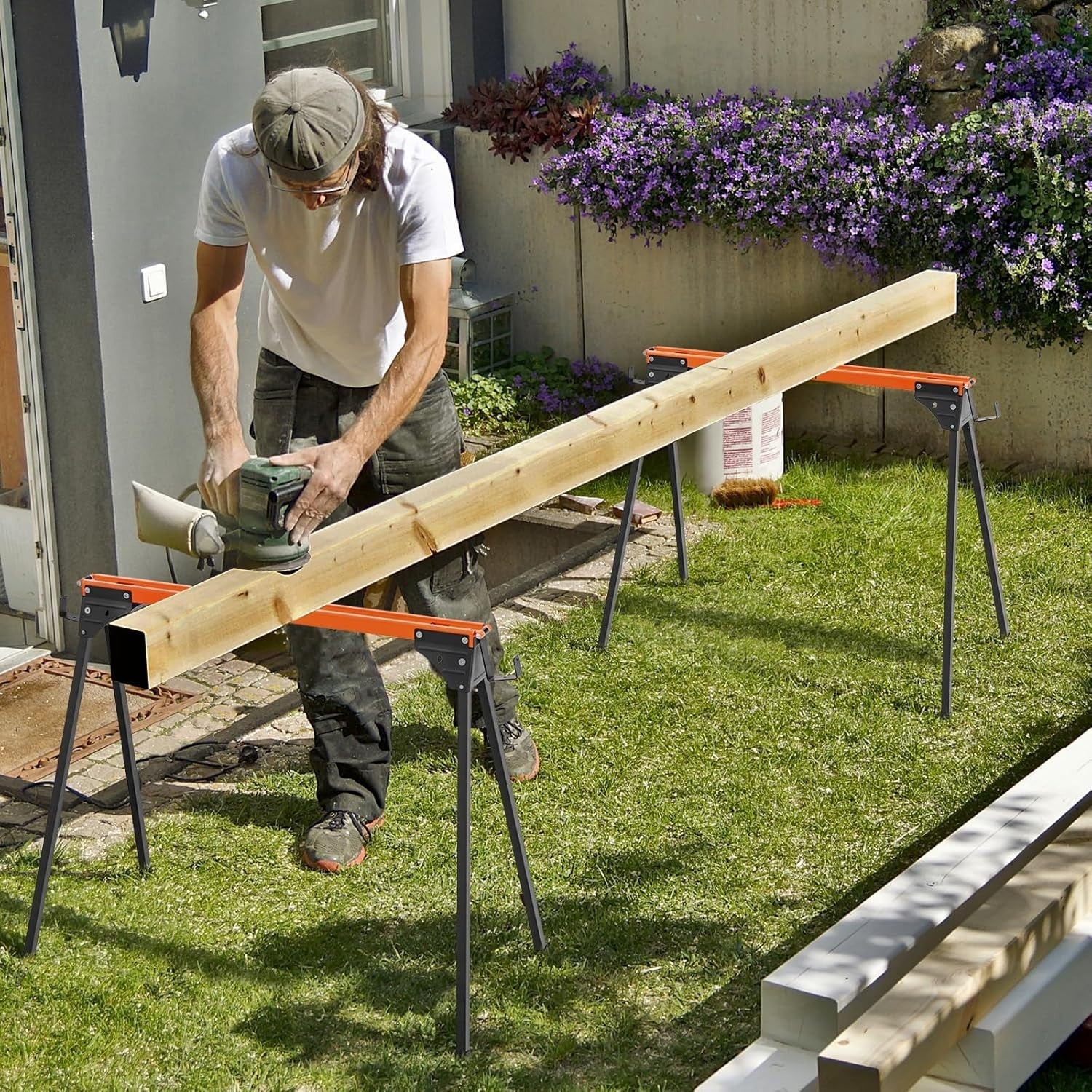 Folding Sawhorse Twin Pack Heavy Duty 500kg Each 2x4 Support Arms Orange