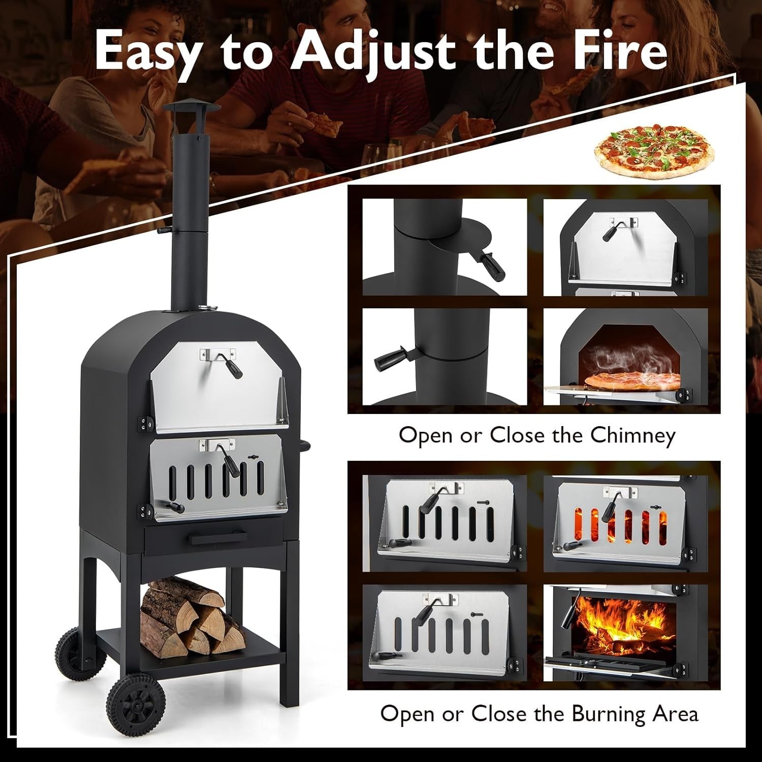 Outdoor Wood Fired Pizza Oven | BBQ Grill w/ Stone, Chimney, Thermometer & Cover