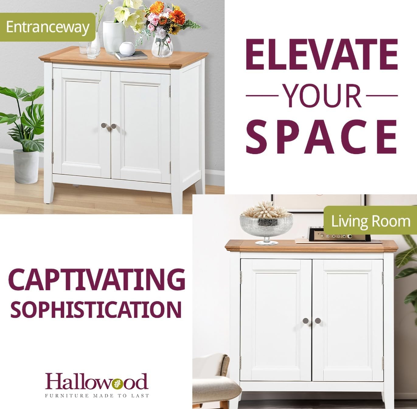 Small White Wooden Storage Cabinet with Oak Top Cupboard for Hallway