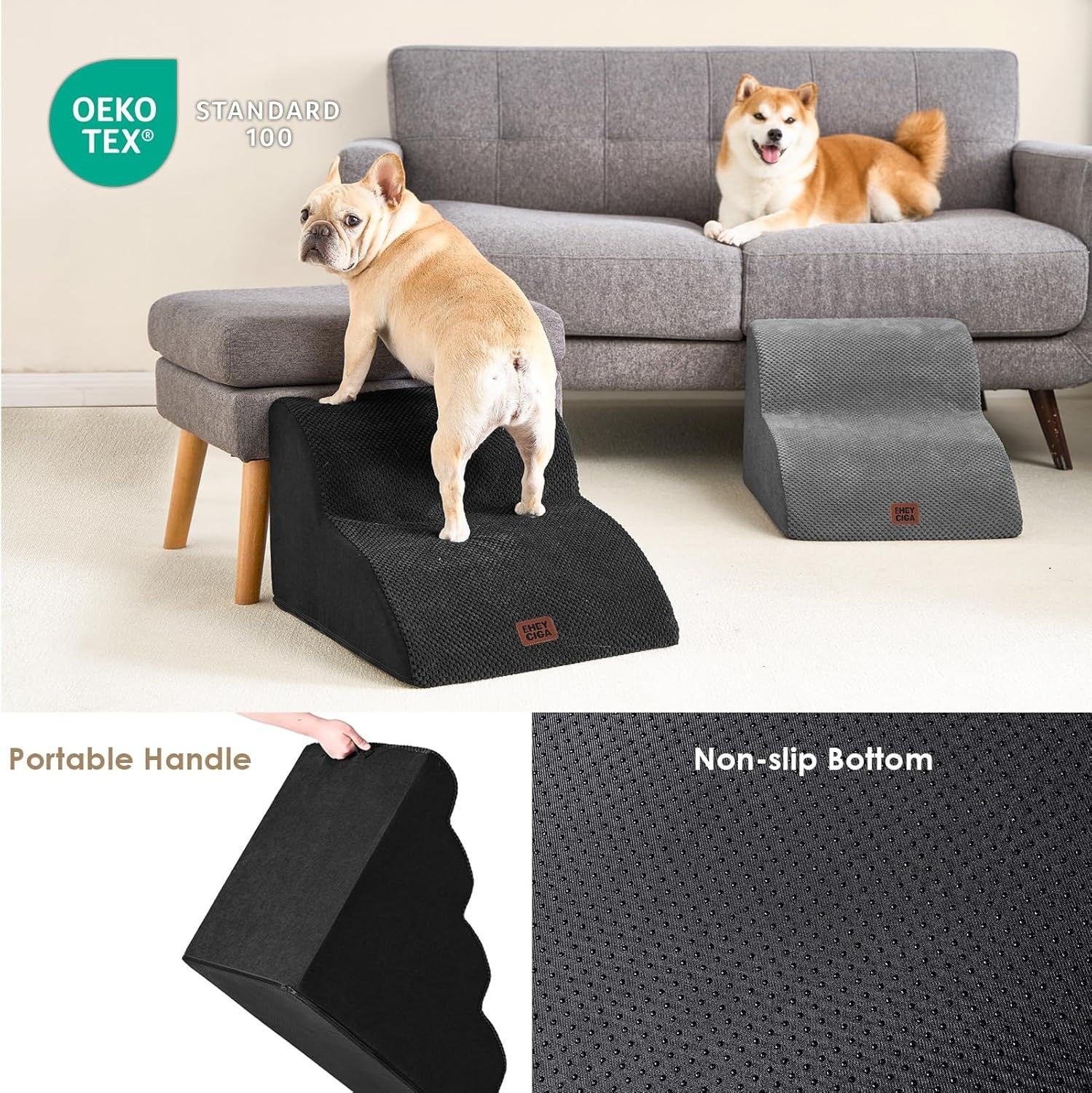 2 Step Dog Stairs for Sofa Non Slip Foam Pet Steps Washable Black