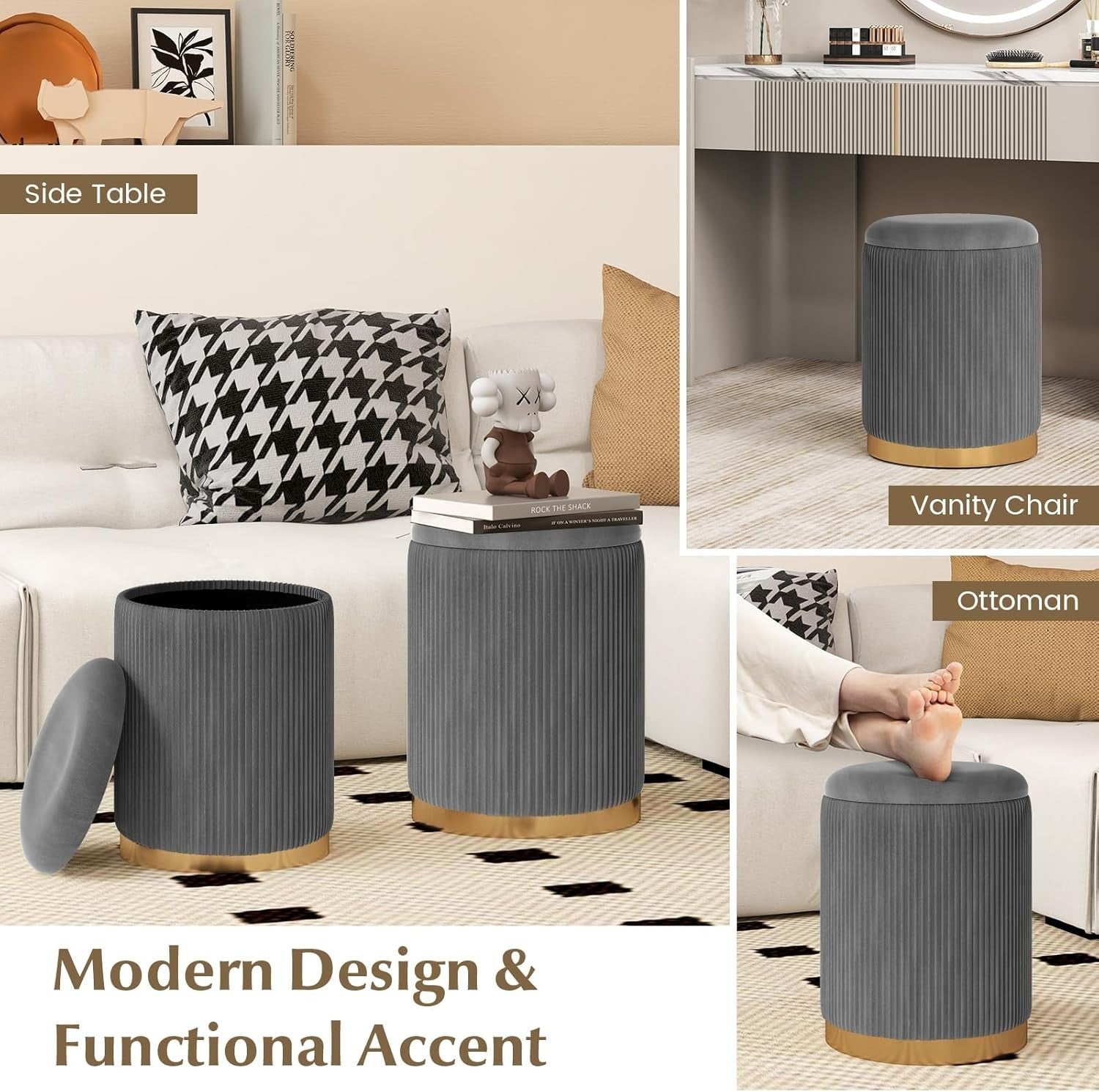 Grey Velvet Nesting Footstools Set of 2 Storage Ottomans Round Gold Base