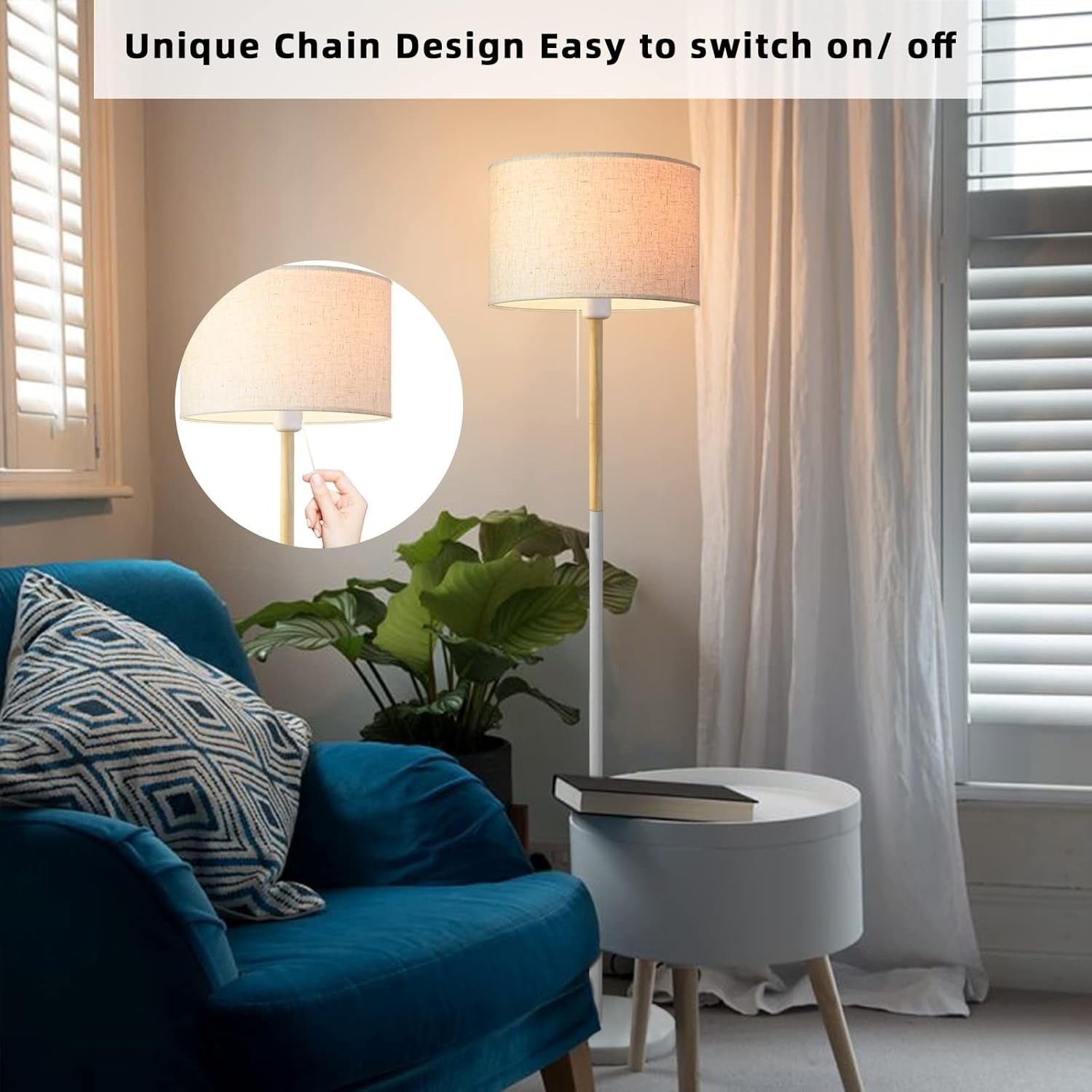 Farmhouse Floor Lamp White Linen Shade Tall Standing Reading Light LED