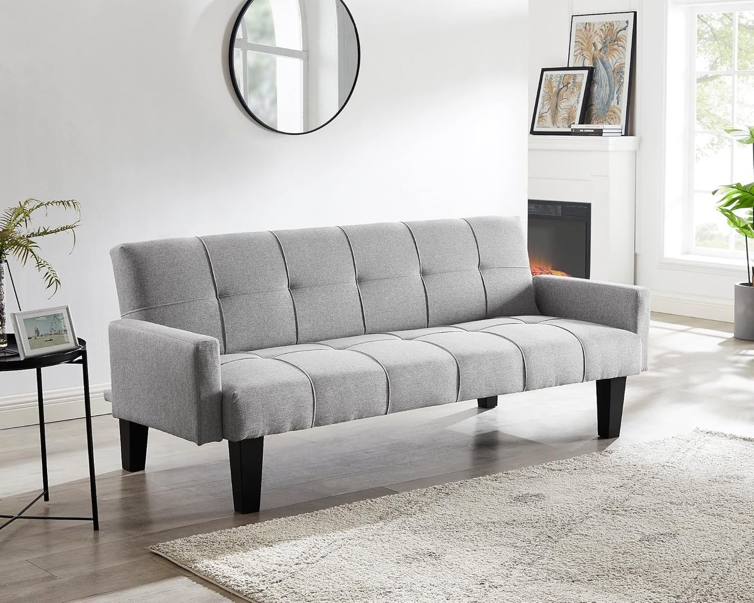 3 Seater Sofa Bed Light Grey Tufted Recliner Clic Clac Guest Sleeper Couch