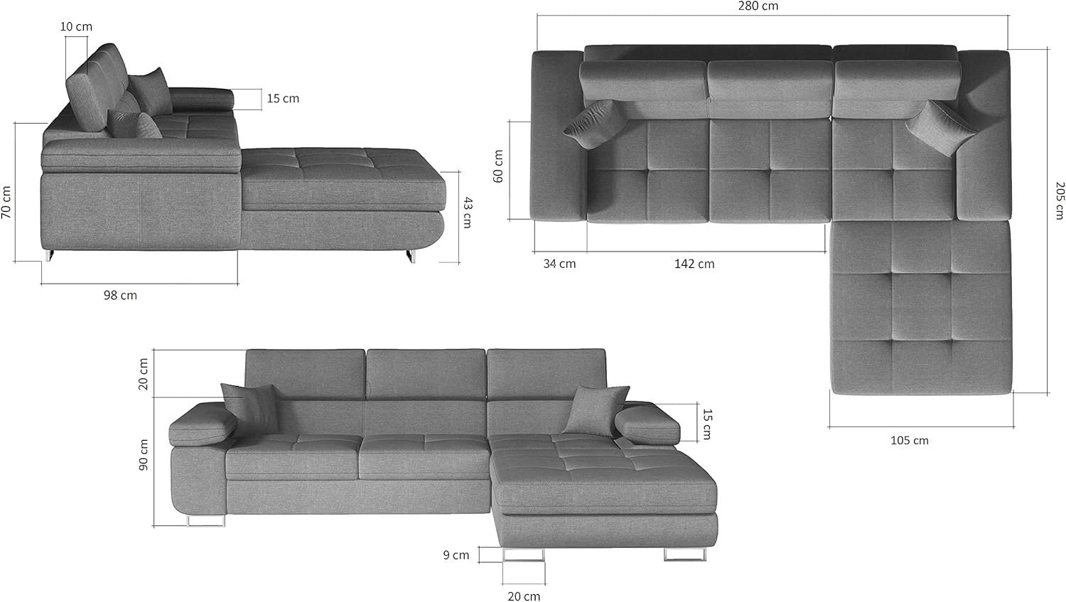 Modern Grey White Corner Sofa Bed Chaise with Cushion Back Padded Arms