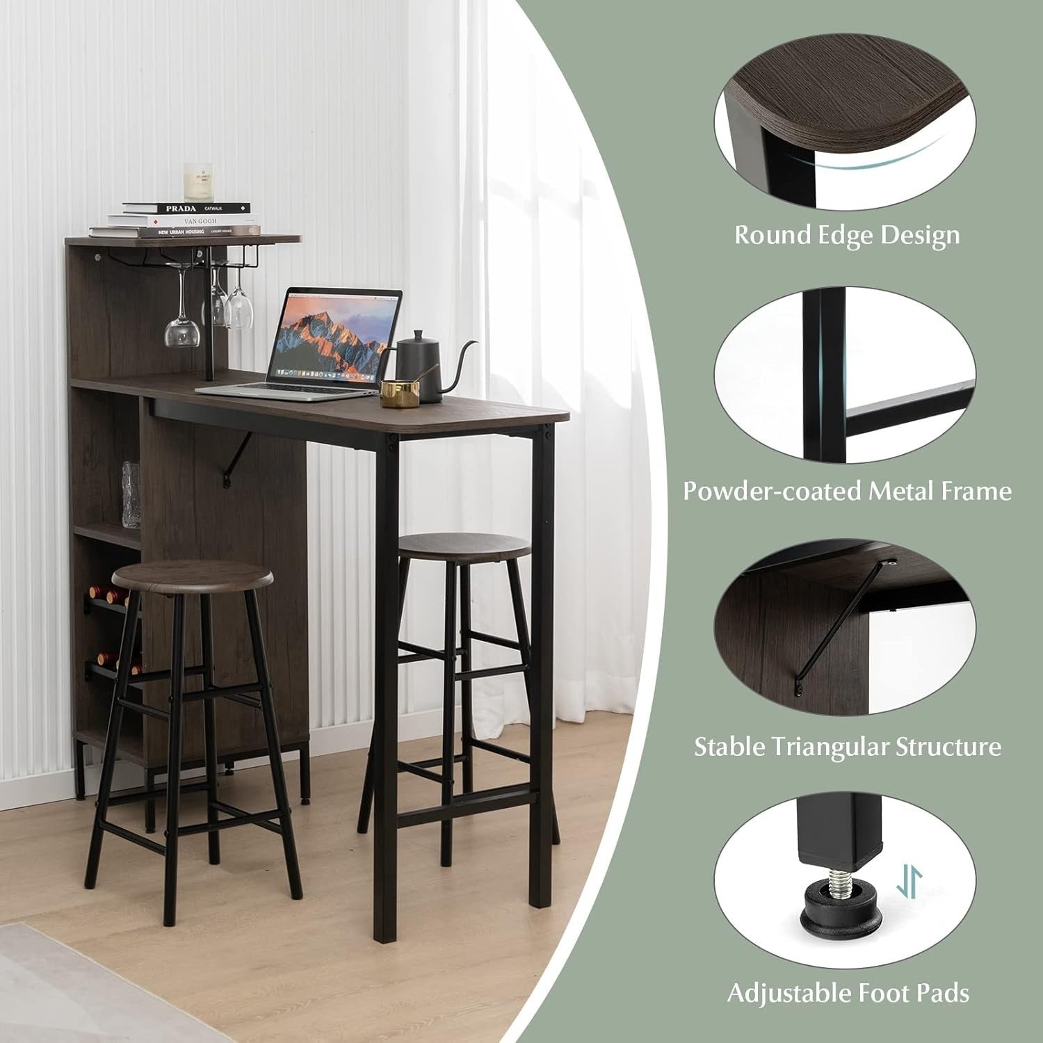 Brown 3-Piece Industrial Dining Bar Table Set with Shelves, Wine Rack & 2 Stools