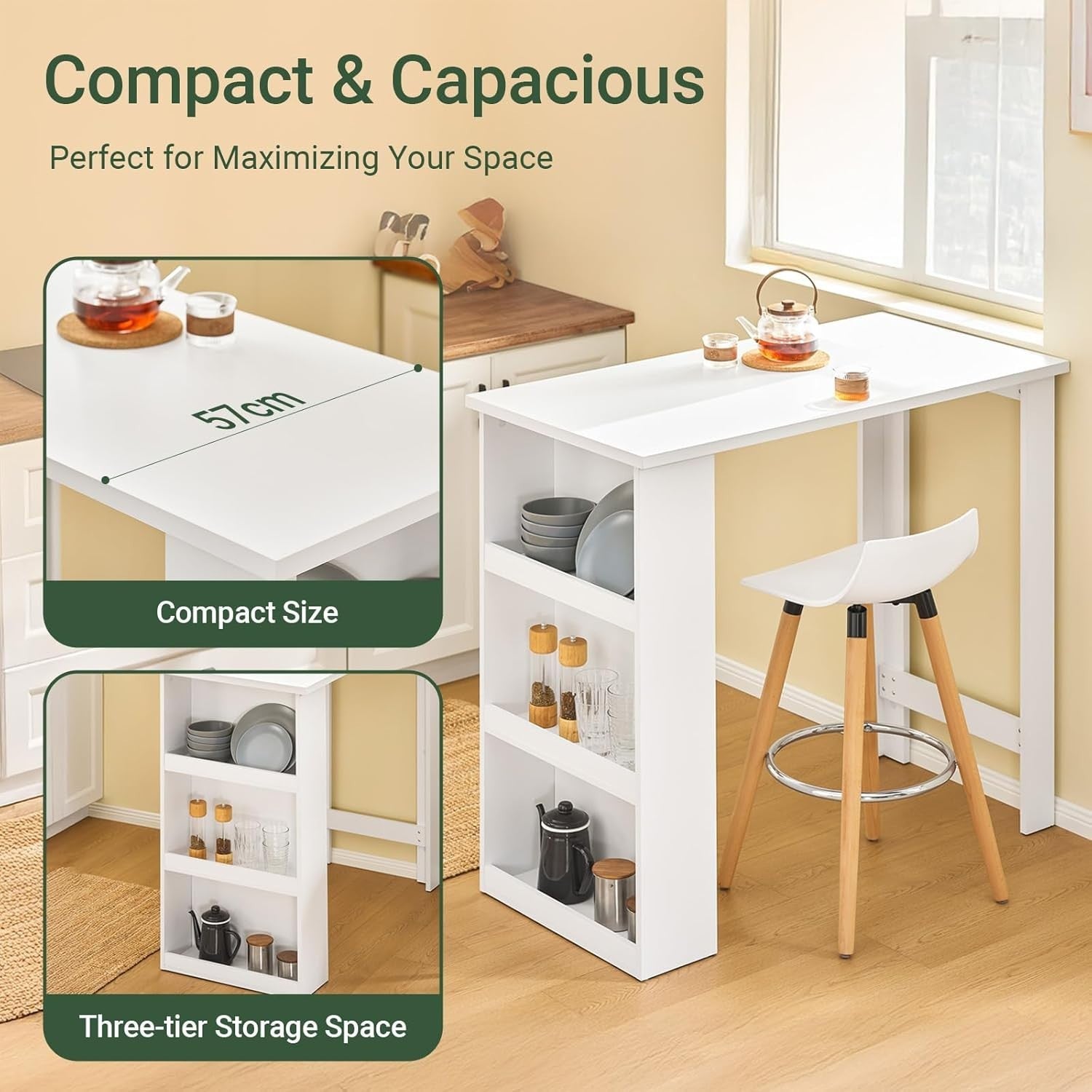 White Breakfast Bar Table with 3-Tier Storage Shelves Modern Dining Desk