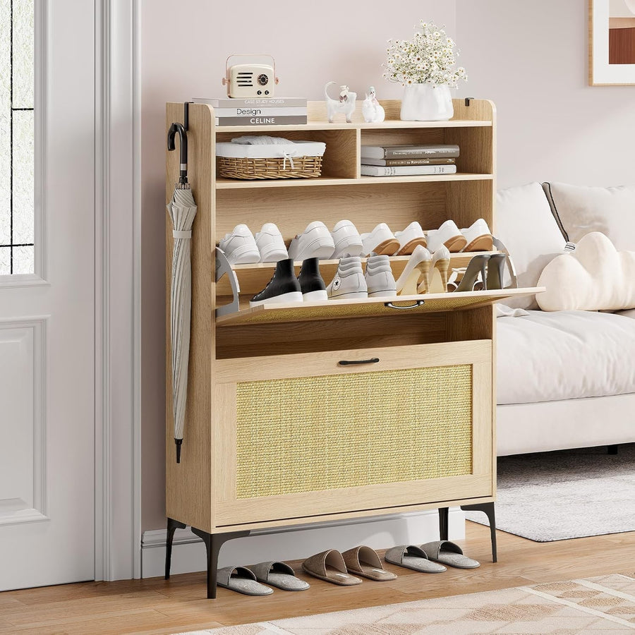 Rattan Oak Shoe Cabinet | Slim 2 Drawer Storage Unit with Open Shelves 80x24x114