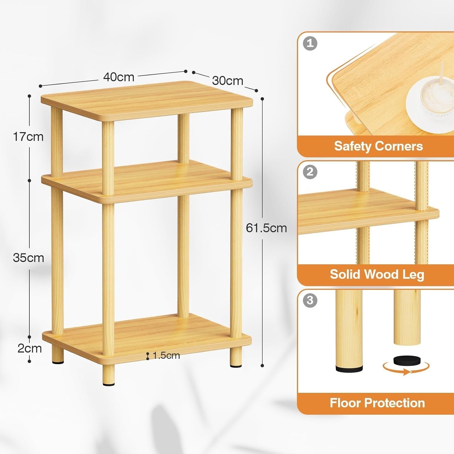 Slim 3-Tier Side Table with Storage Shelf – Small Space Bedside Nightstand