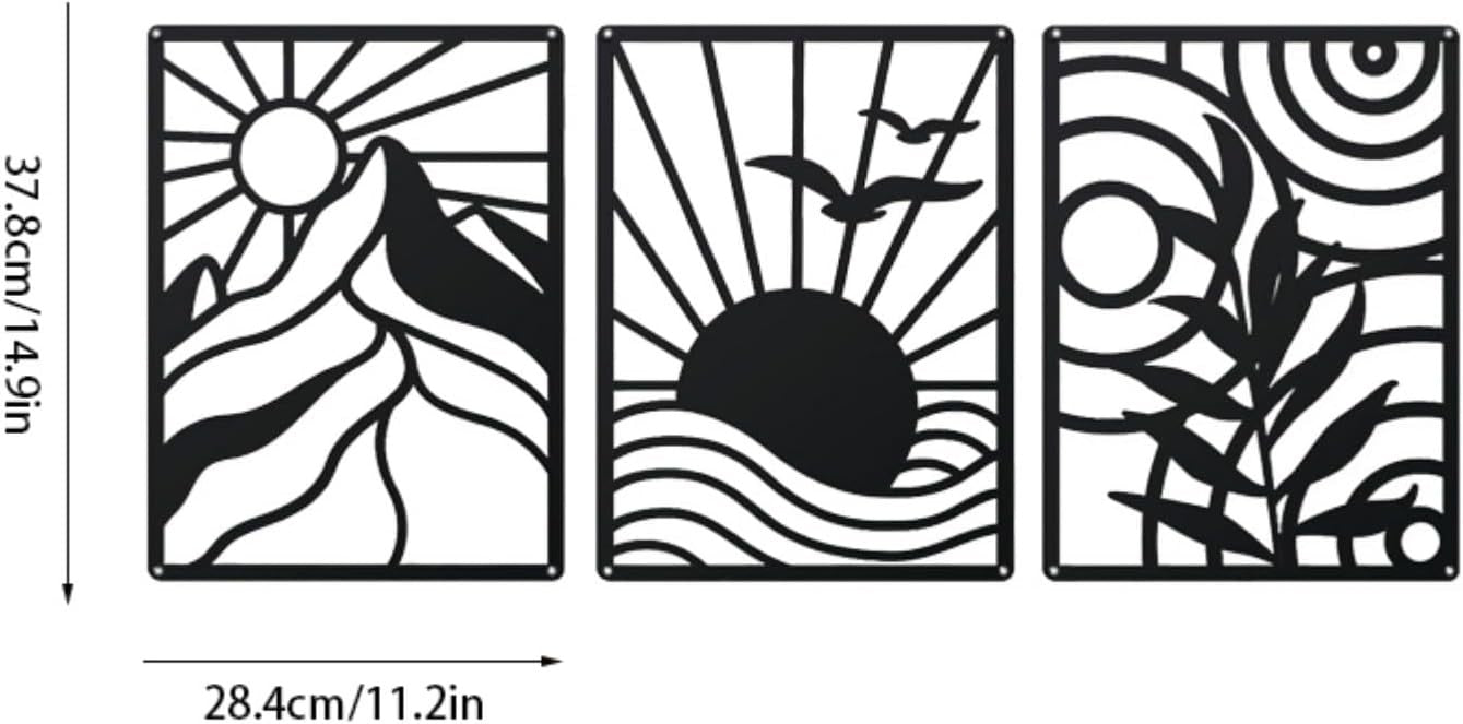 Large Metal Wall Art Set 3 Abstract Boho Black Minimalist Hanging Decor