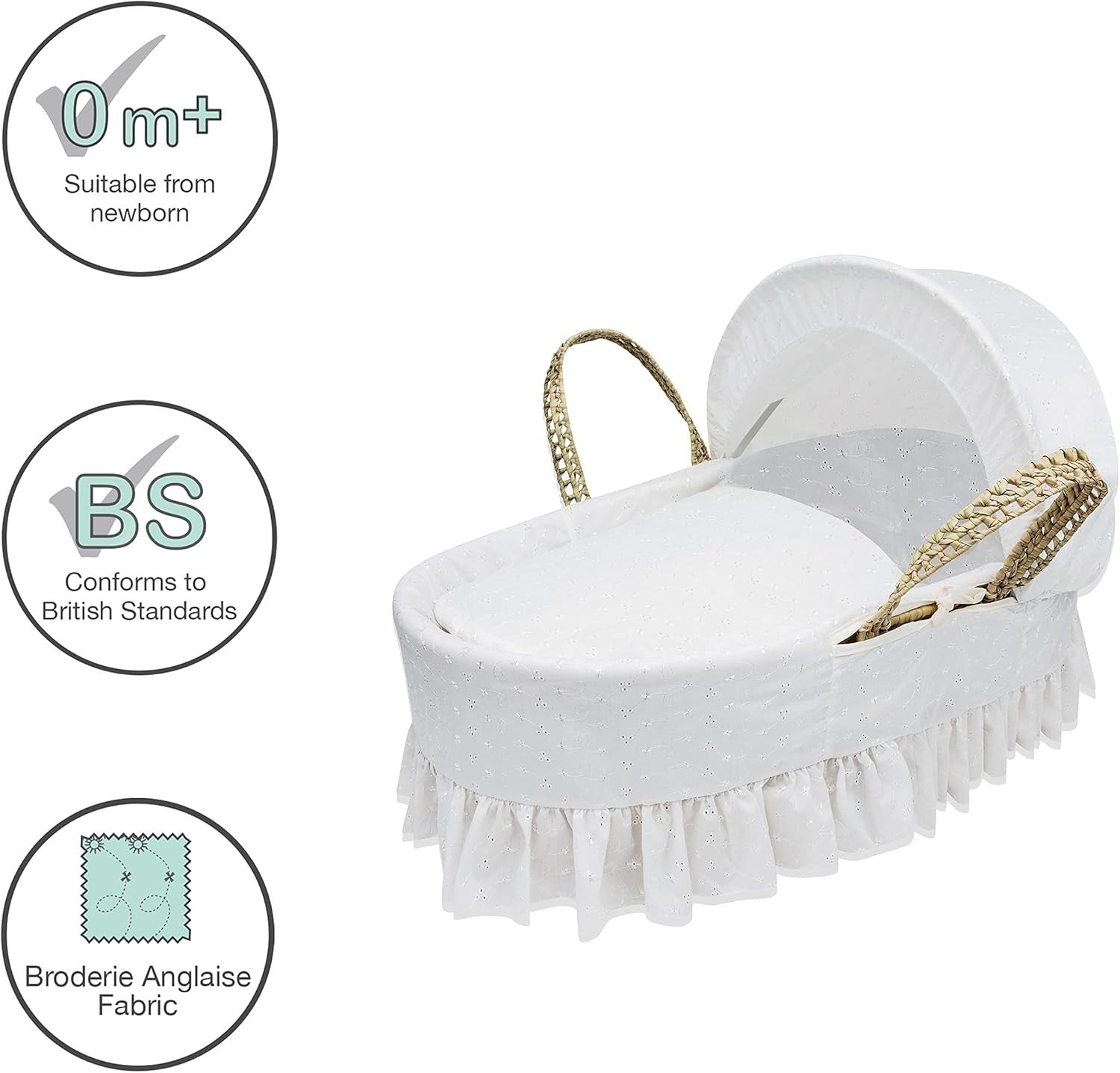 Grey Wicker Moses Basket with Rocking Stand & Mattress Baby Bed Crib White