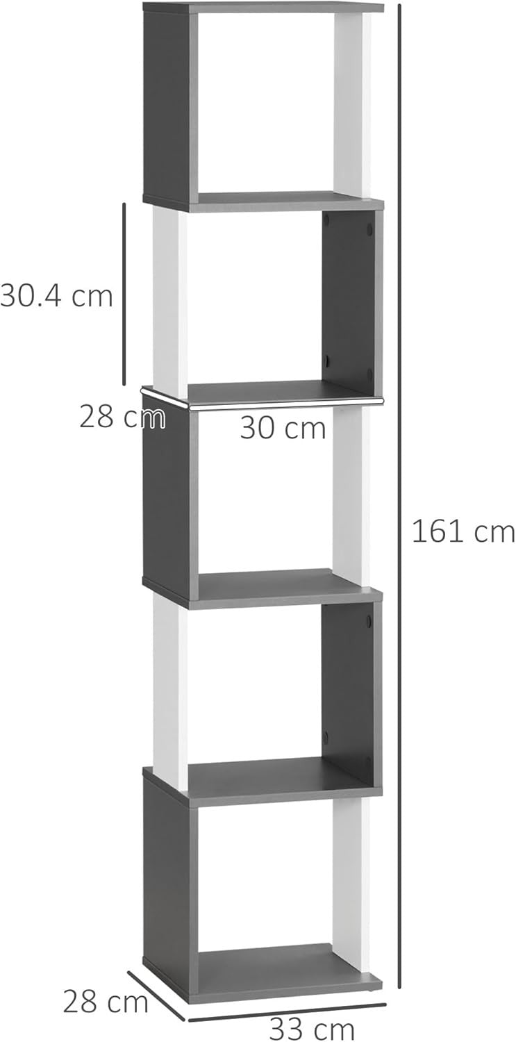 Modern 5-Tier Bookcase Storage Unit with Open Shelves – White & Grey