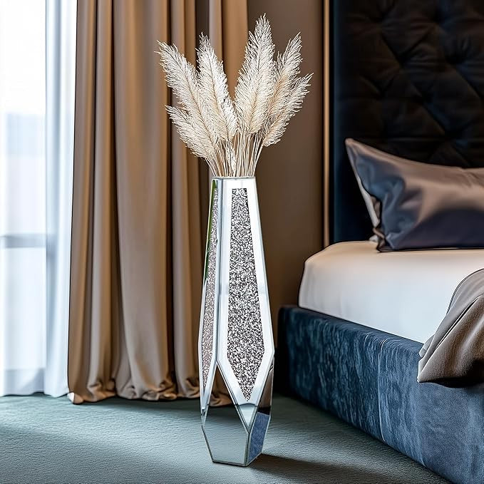 Extra Tall Mirrored Floor Vase 85.5cm Silver Glass Pampas Flower Decor