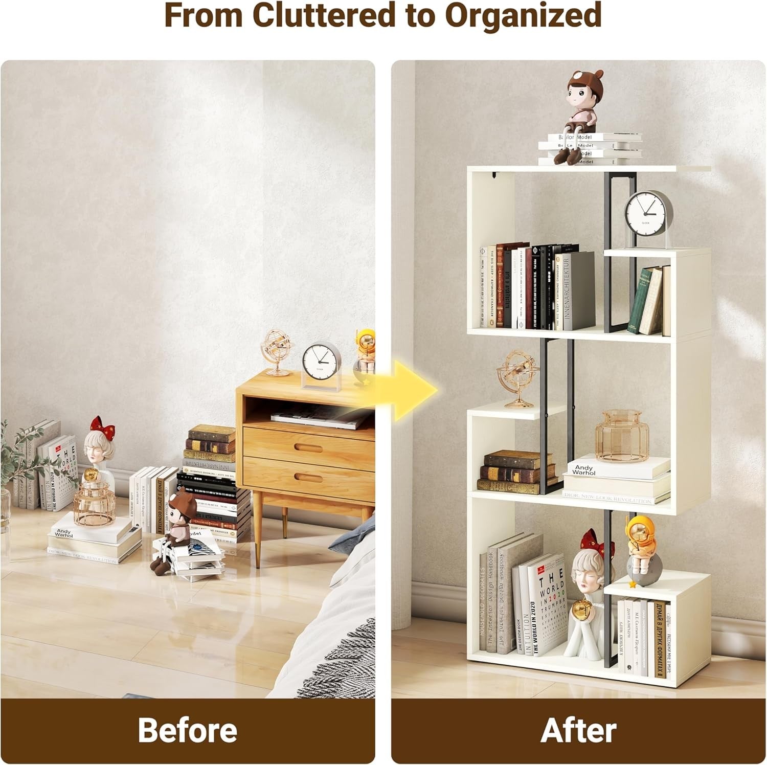 White 3-Tier Slim Bookcase Room Divider, Asymmetric Display Storage Shelf
