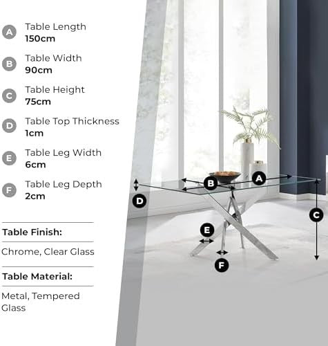 Modern Rectangular Glass Dining Table with Chrome Legs for 6 Person Dining