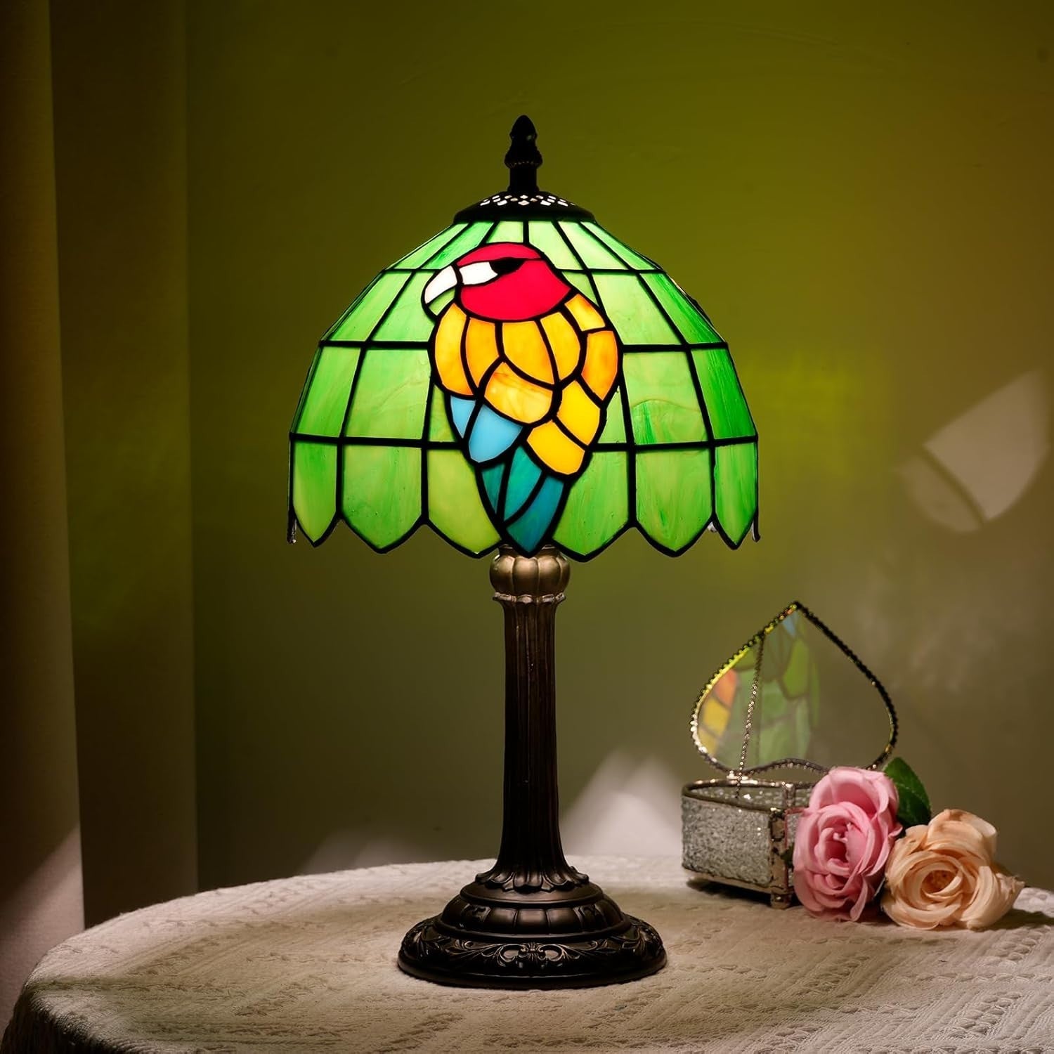 Tiffany Style Parrot Table Lamp Green Glass Bedside Desk Light Retro