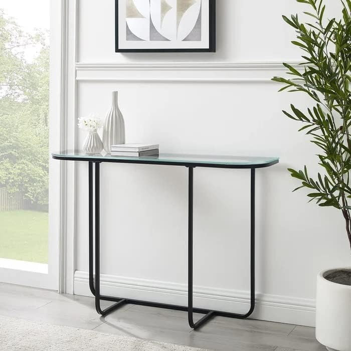 Glass Console Table with Metal Legs, Narrow Entryway Sofa Hallway Desk 76x139cm