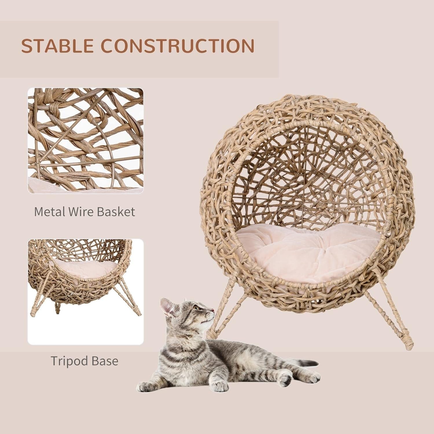 Ball Shape Wicker Cat House Raised Rattan Bed w Cushion Natural