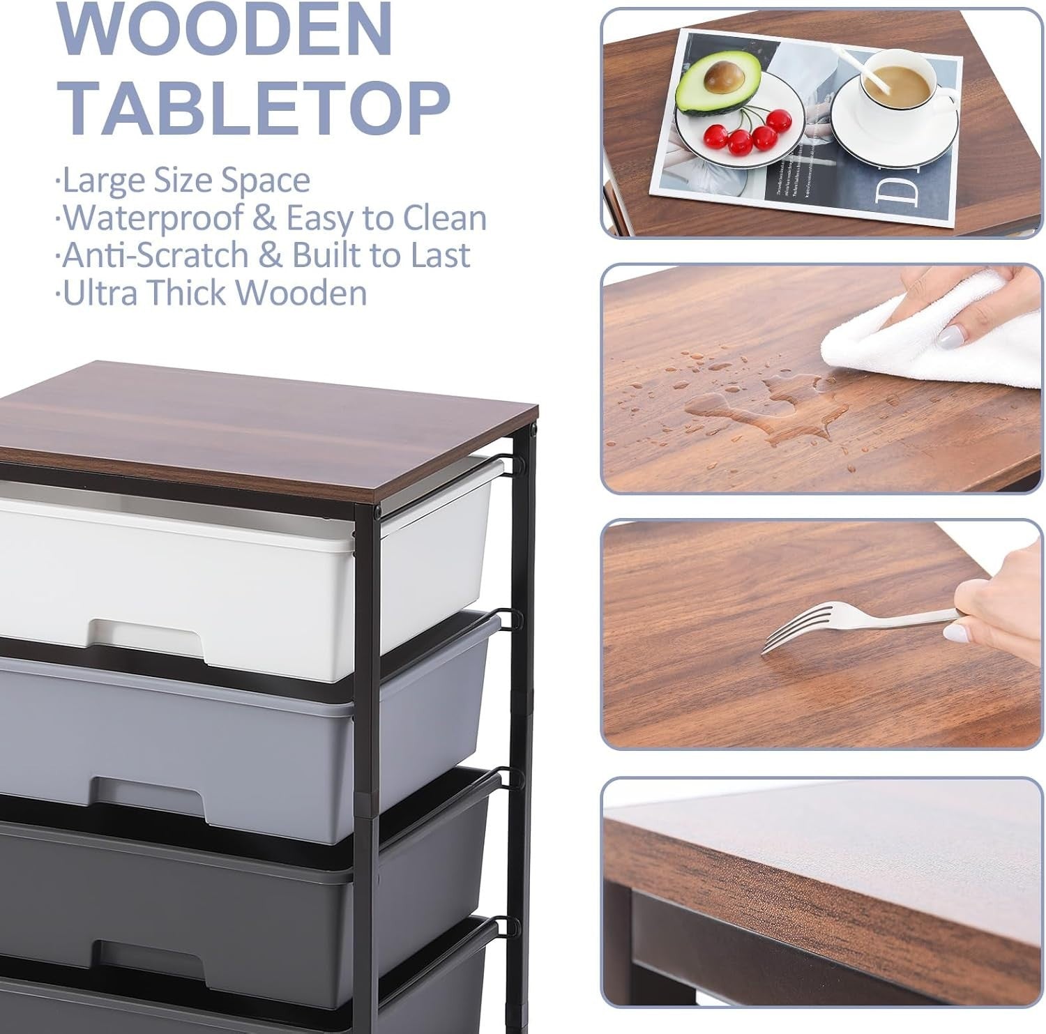 4 Drawer Mobile Storage Cart Utility Organizer Trolley w/ Wooden Top