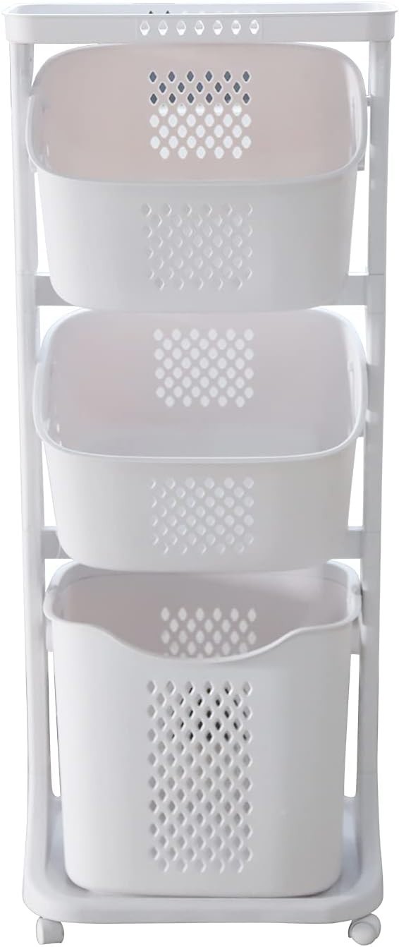 4 Tier Rolling Laundry Basket Cart Clothes Storage Hamper White Wheels