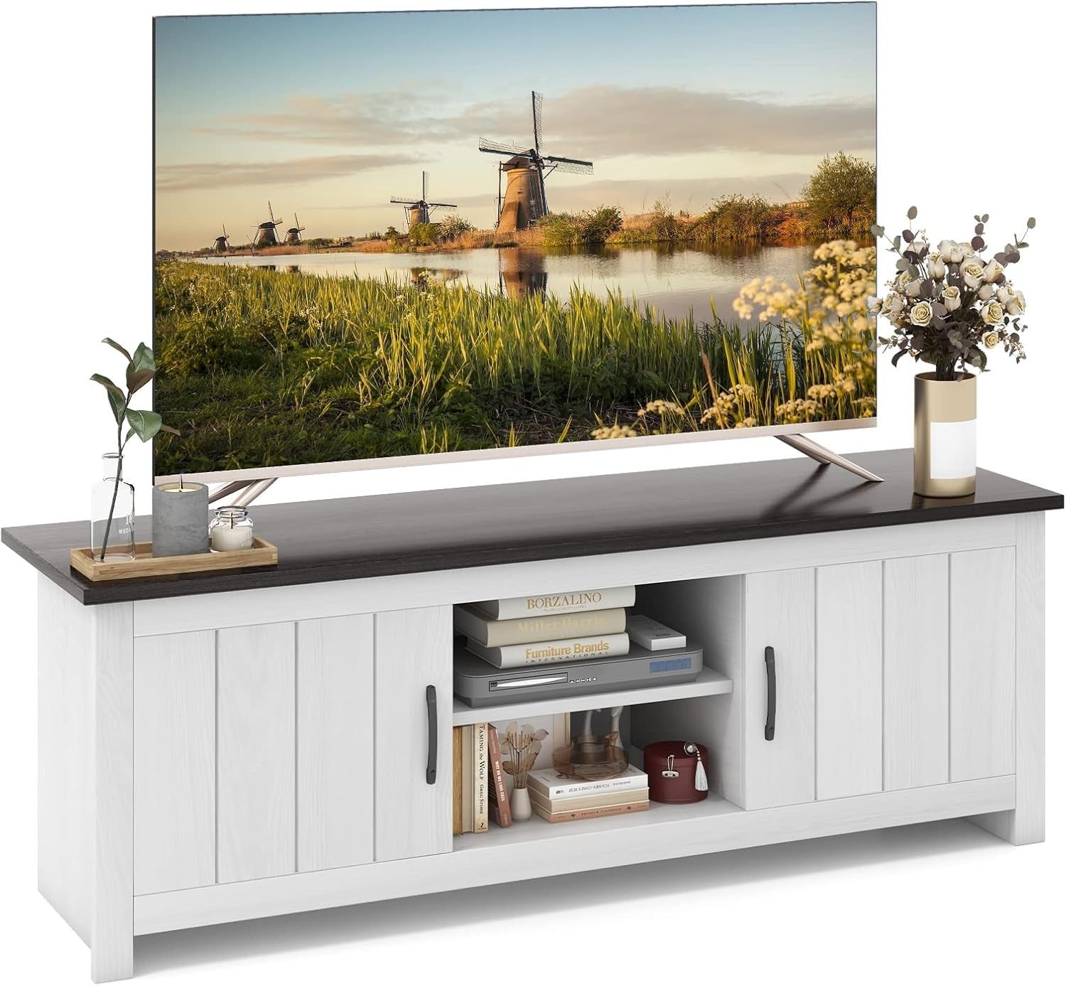 Wooden TV Stand for TVs up to 65" with Storage Shelves & Cable Management